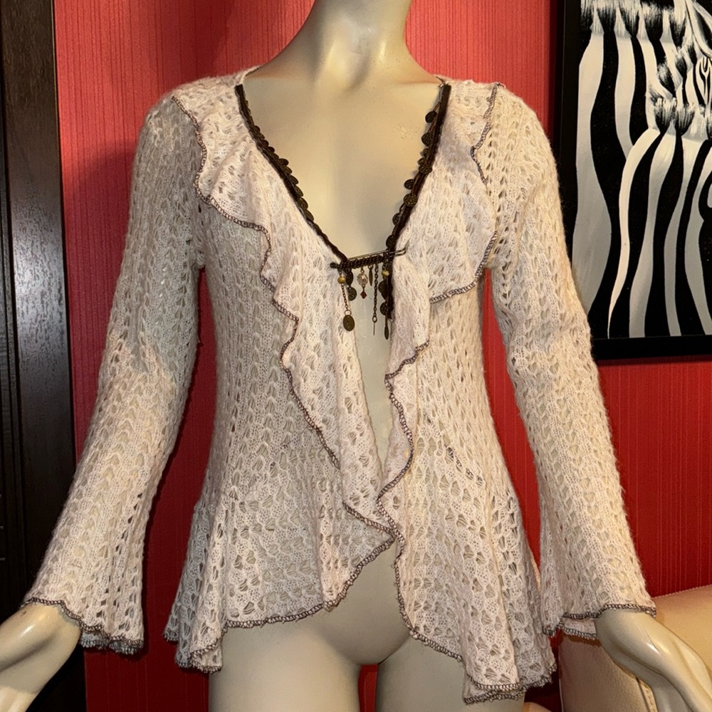 Sensation loose knit embellished ruffle cardigan L